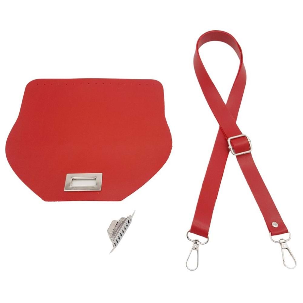 Çanta Aksesuar Suni Deri 21x19 cm Kapaklı ve Ayarlı Saplı Çanta Seti Kırmızı Renk Gümüş Metalli