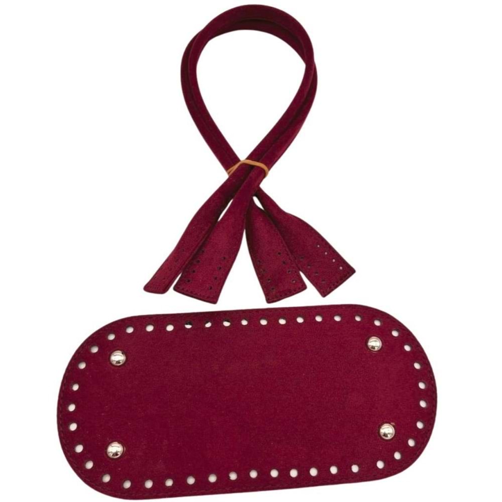 Çanta Aksesuar 25x12 Cm Suni Deri Nubuk Bordo Renk Taban Ve Pelikan Model Çanta Sapı Seti Gümüş Metalli