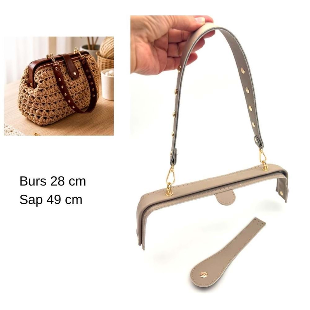 Çanta Aksesuar 28 Cm Lüks Model Çanta Seti Koyu Bej Light Gold Metalli