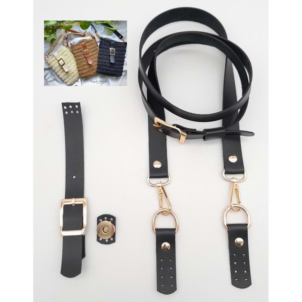 Çanta Aksesuar Siyah Tek Kat Suni Deri Çanta Seti Light Gold Metalli