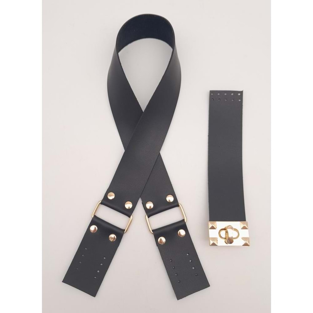 Çanta Aksesuar 70x4 cm Suni Deri Çanta Saplı Kapaklı Siyah Çanta Seti Light Gold Metalli