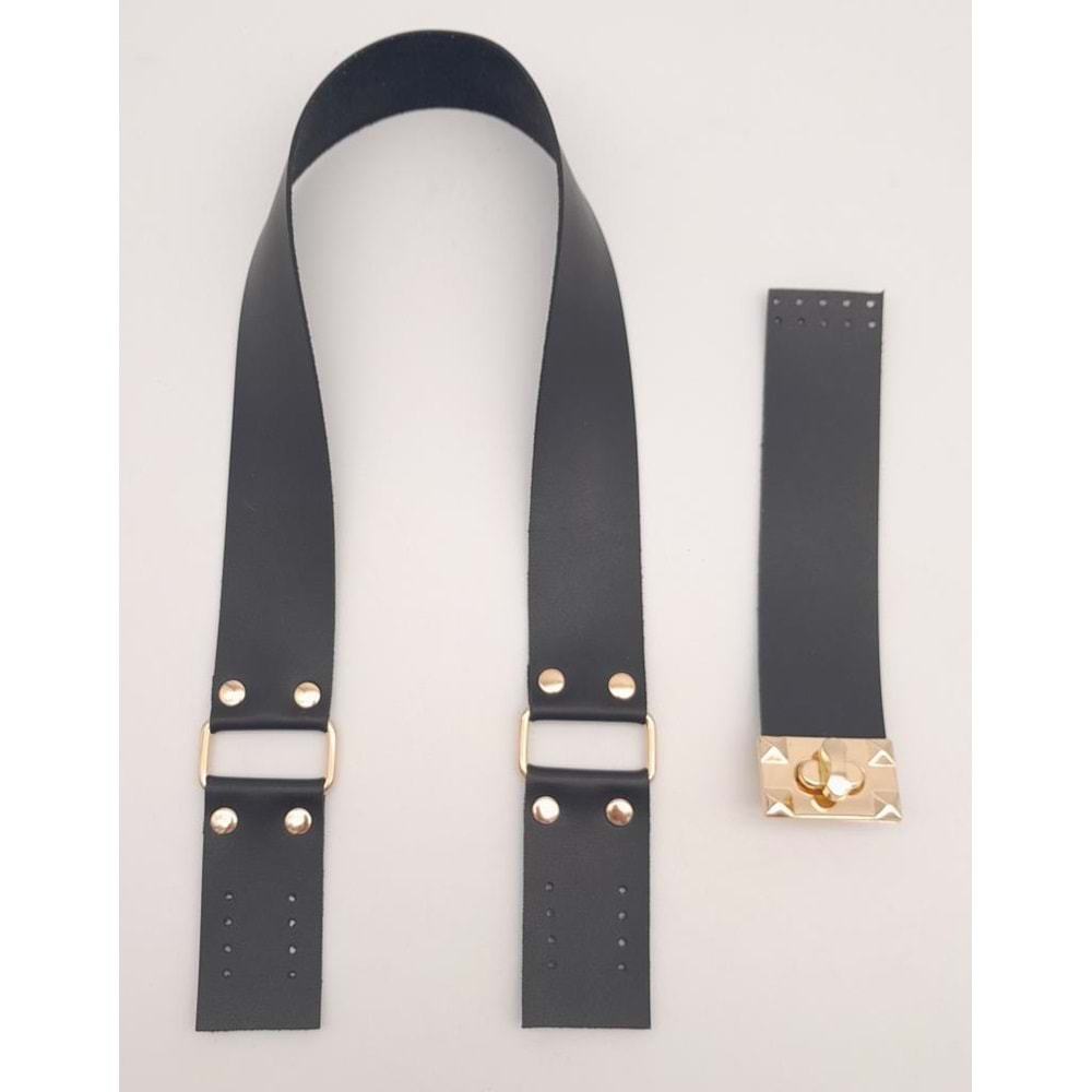 Çanta Aksesuar 70x4 cm Suni Deri Çanta Saplı Kapaklı Siyah Çanta Seti Light Gold Metalli