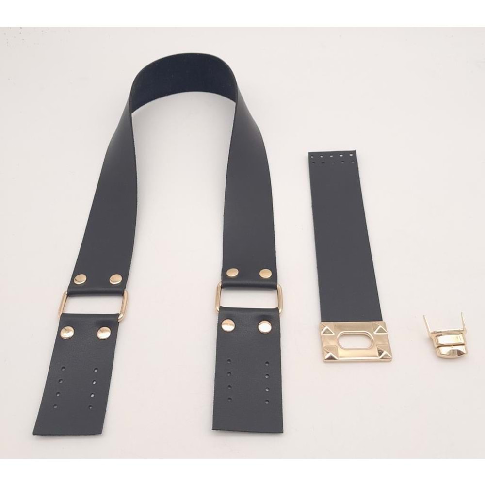 Çanta Aksesuar 70x4 cm Suni Deri Çanta Saplı Kapaklı Siyah Çanta Seti Light Gold Metalli