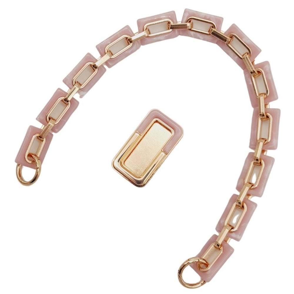 Çanta Aksesuar 44 cm Dikdörtgen Halkalı Akrilik Zincir Plaka Set Pudra Renk Light Gold Metalli
