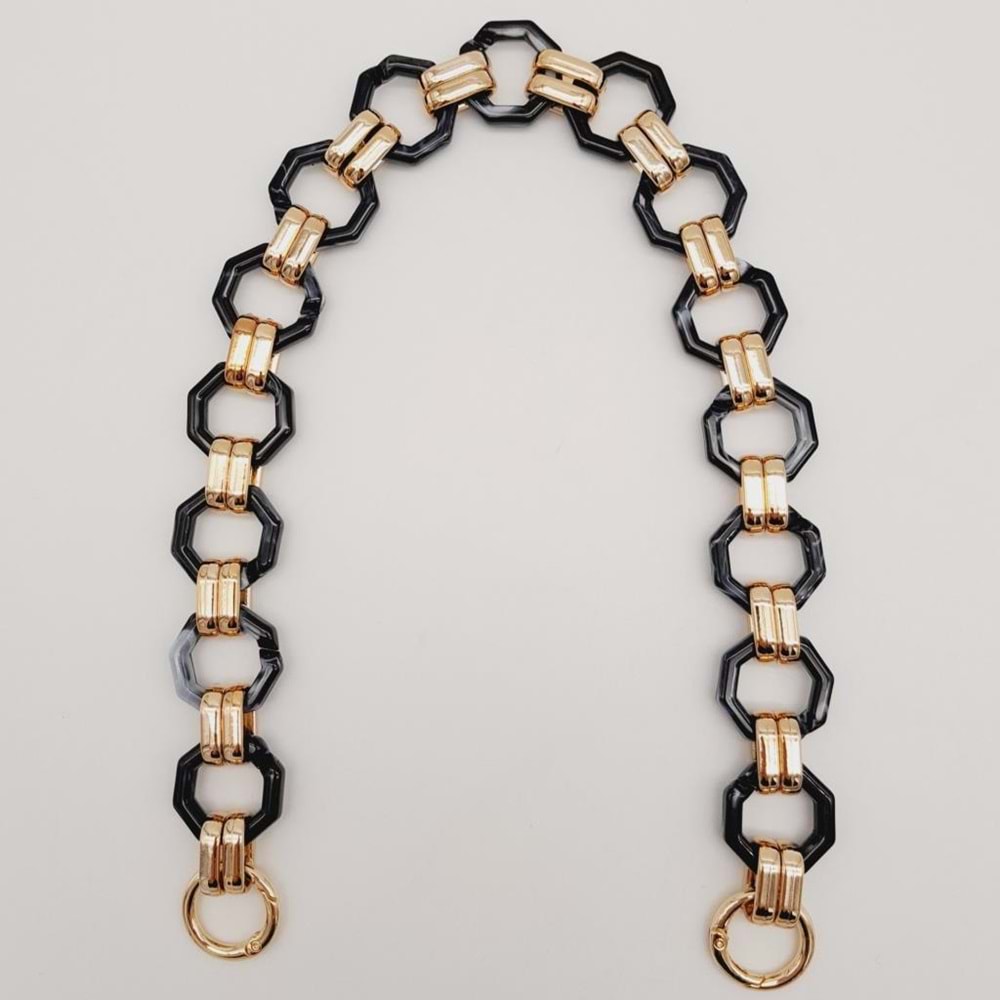 Çanta Aksesuar 48 cm Sekizgen Akrilik Çanta Sapı Zinciri Füme Siyah Ebruli Renk Light Gold Metal
