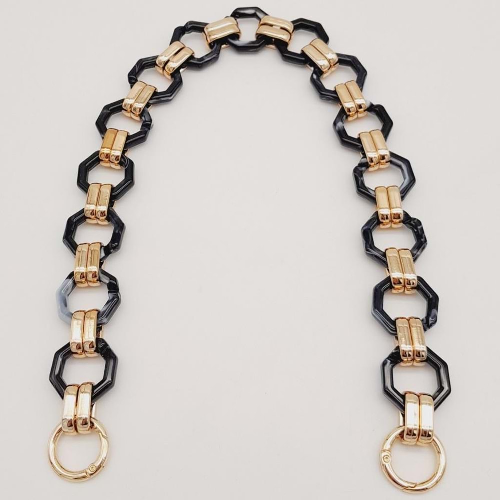 Çanta Aksesuar 48 cm Sekizgen Akrilik Çanta Sapı Zinciri Füme Siyah Ebruli Renk Light Gold Metal