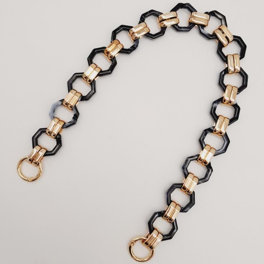 Çanta Aksesuar 48 cm Sekizgen Akrilik Çanta Sapı Zinciri Füme Siyah Ebruli Renk Light Gold Metal