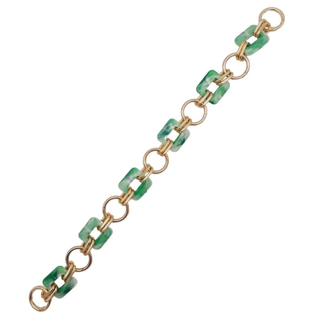 Çanta Aksesuar 40 cm Kare Akrilik Yaylı Halkalı Çanta Zinciri Yeşil Renk Light Gold Metalli