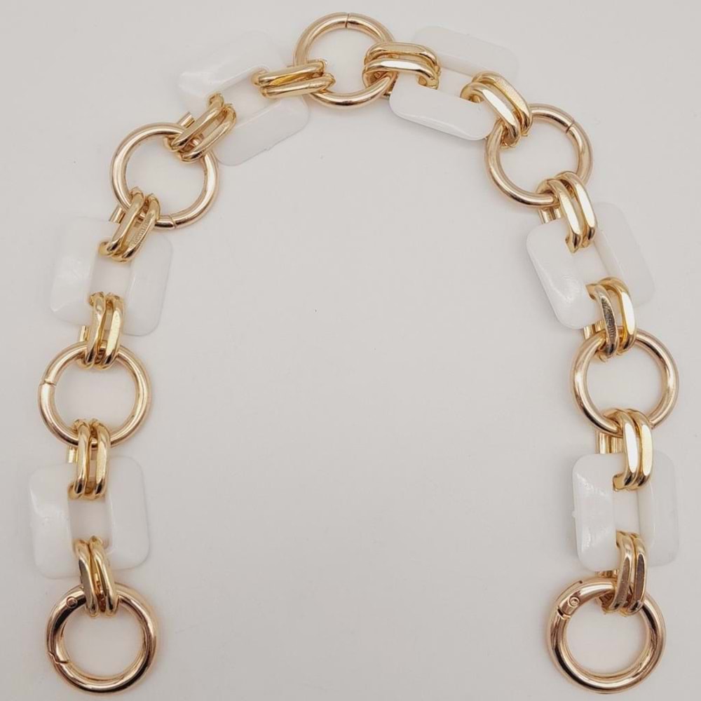 Çanta Aksesuar 40 cm Kare Akrilik Yaylı Halkalı Çanta Zinciri Beyaz Renk Light Gold Metalli