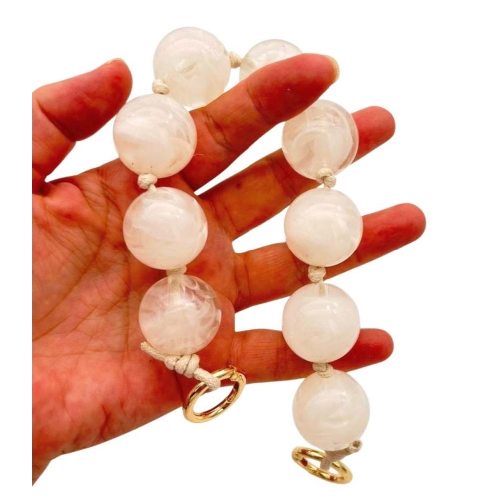 Çanta Aksesuar 32 cm Şeffaf- Kırık Beyaz Boncuklu Çanta Sapı Yaylı Halkalı