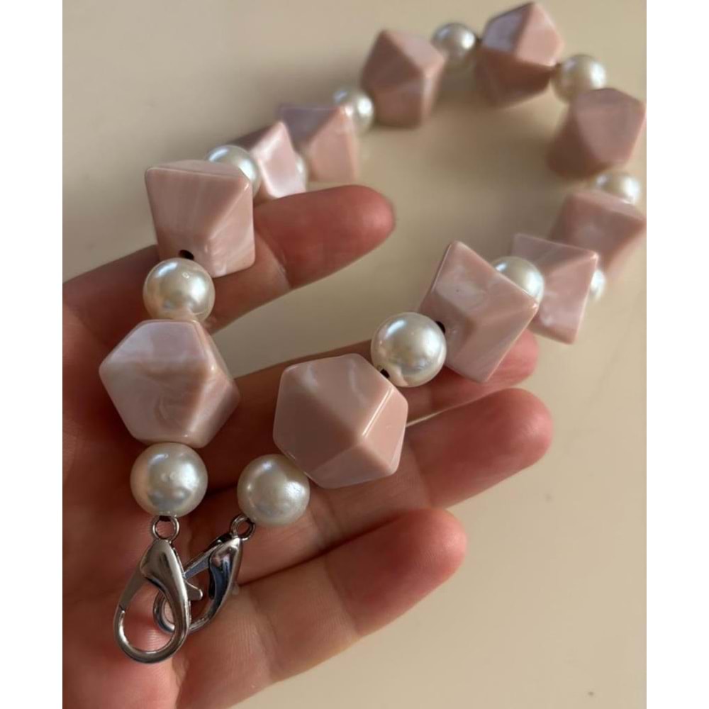 Çanta Aksesuar 40 cm Pudra Renk İncili Çanta Sapı Kancalı