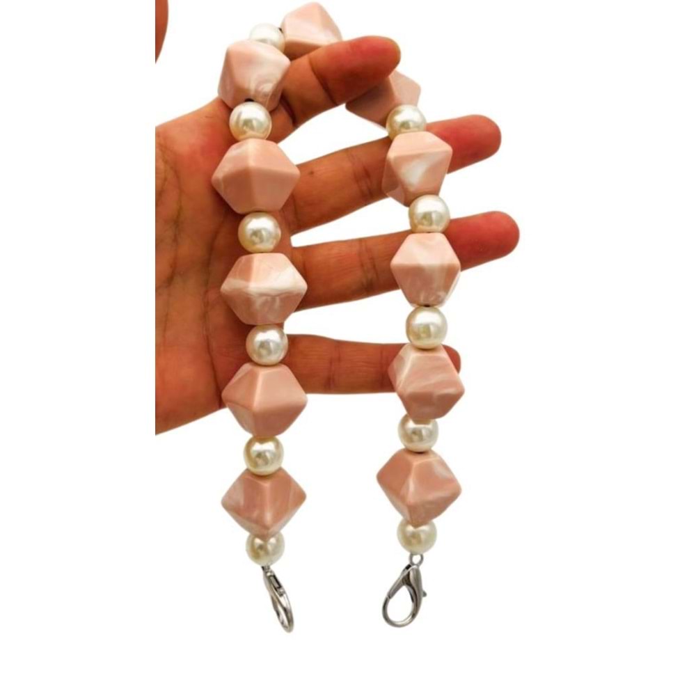 Çanta Aksesuar 40 cm Pudra Renk İncili Çanta Sapı Kancalı