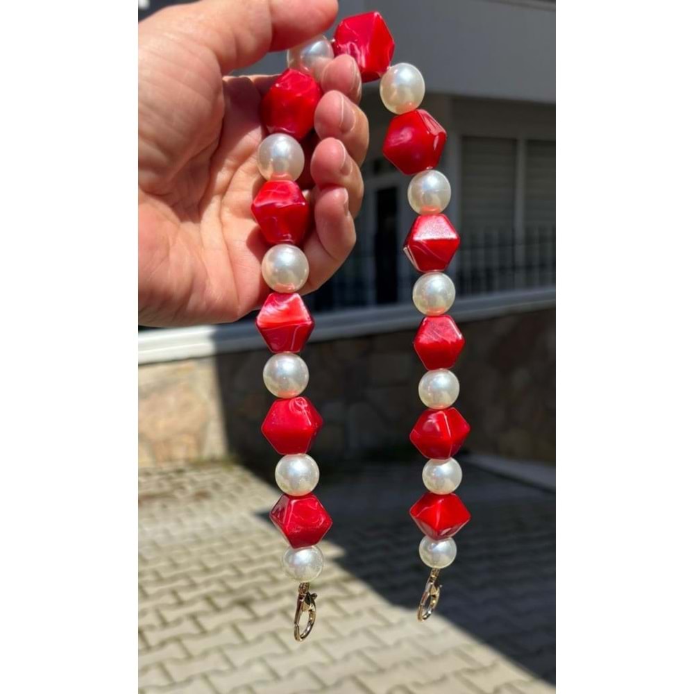 Çanta Aksesuar 40 cm Kırmızı Renk İncili Çanta Sapı Kancalı