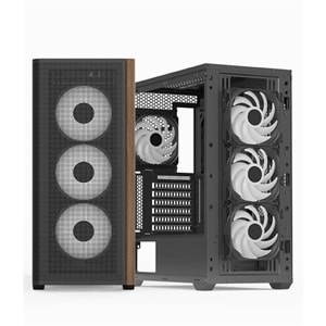 Aerocool AE D501A BK 4x12cm A-RGB Fanlı, Ahşap Ön Panel Temp Cam Yan ve Mesh Ön Panel,USB Type-C