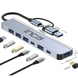 Inca IUTP-7T Usb+Type-c Girişli USB 3.0+4X USB 2.0 Type-C 5V 2X Type-C 100W Çoklayıcı