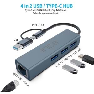 Inca IUTP-03TX Ethernet Usb 3.0+Type-C 3.1 Grişli 000 Mbps 3X3.1Usb Eternet-Çoklayıcı