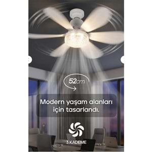 Feny Fn-F82 Zefira 3 Kademe Ultra Sessiz Uyku Mod 3000k-6500K Kristal Led Tavan Vantilatörü Kumanda