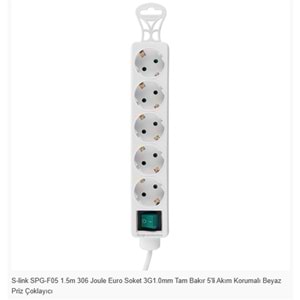 S-link SPG-F05 1.5m 306 Joule Euro Soket 3G1.0mm Tam Bakır 5li Akım Korumalı Beyaz Priz Çoklayıcı