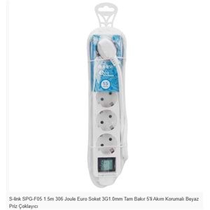 S-link SPG-F05 1.5m 306 Joule Euro Soket 3G1.0mm Tam Bakır 5li Akım Korumalı Beyaz Priz Çoklayıcı