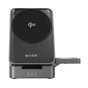 S-link SW-CWF116 Siyah Telefon Kulaklık Akıllı Saat 15W 3 in 1 Magsafe Qi2 Kablosuz Şarj Cihazı