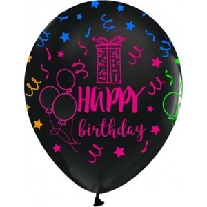 Balonevi Çepeçevre Floresan Happy Birthday Siyah Balon 100 Lü
