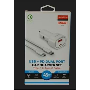 Megatech T05M45-T Beyaz 45W PD-USB Araç Çakmaklık Şarj Başlığı Hızlı Şarj(TYPE-C TO TYPE-C KABLO)