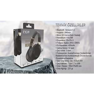 Inca IBK-503S Siyah 5.3 Bluetooth Wireless Kulaklık Micro Sd Kulaklık 400mah Type-c To USB
