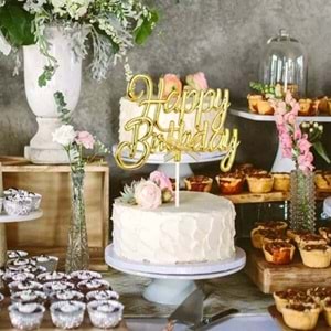 Krom Renk Pasta Üzeri Çubuklu Happy Birthday