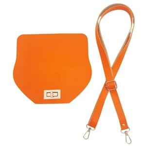 Çanta Aksesuar Suni Deri 21x19 cm Kapaklı ve Ayarlı Saplı Çanta Seti Turuncu Renk Gümüş Metalli
