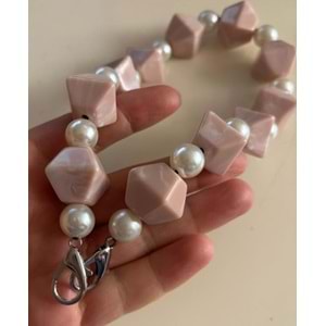 Çanta Aksesuar 40 cm Pudra Renk İncili Çanta Sapı Kancalı