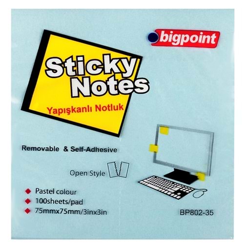 Bigpoint Yapışkanlı Not Kağıdı 75x75 Mavi BP802-35 (1 Adet)