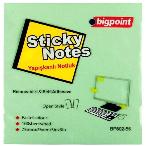 Bigpoint Yapışkanlı Not Kağıdı 75x75 Yeşil BP802-55 (1 Adet)