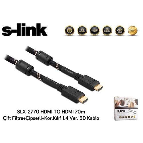S-link SLX-2770 HDMI TO HDMI 70m Çift Filtre+Çipsetli+Kor.Kılıf 1.4 Ver. 3D Kablo