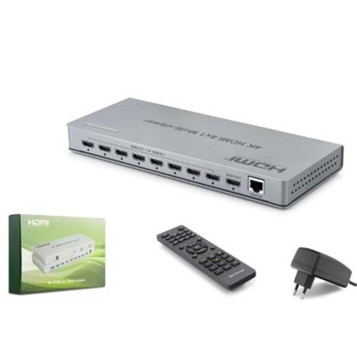 HADRON HDX1438 HDMI Multi Viewer Network Kontrollü Kumandalı 4K 30 Hz 8 Giriş 1 Çıkış Gri