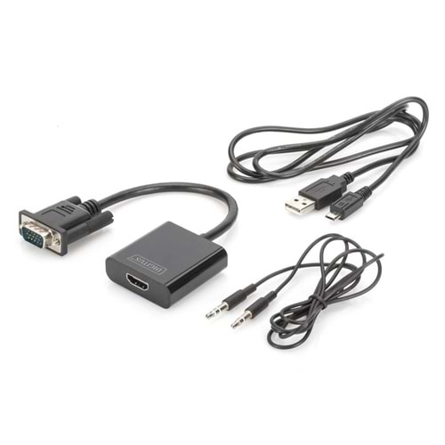 Digitus DA-70473 VGA - HDMI Çevirici + Ses (3.5mm), Full HD (1080p), Kablolu, 15 cm, Siyah Renk