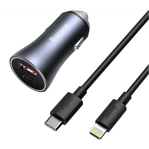 BASEUS Golden Connector Pro U+C 40W Type-C to Lightning Kablo Setli Araç İçi Şarj Cihazı Koyu Gri