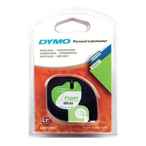 DYMO S0721510 LetraTag Kağıt Şerit ( 12mm x 4 mt ), Beyaz ( 59421) 91200