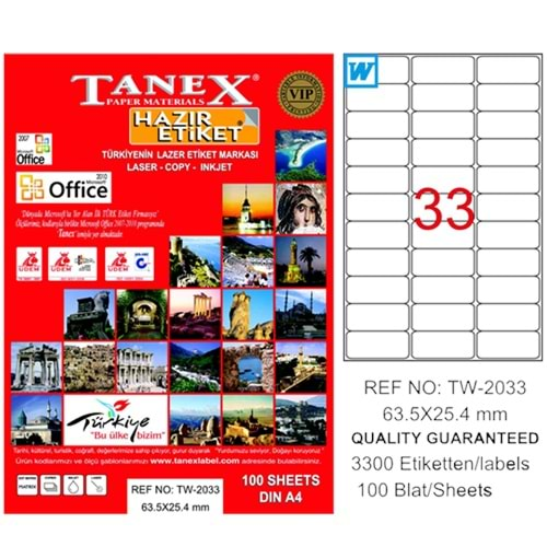 Tanex Lazer Etiket 100 YP 63.5x25.4 Laser-Copy-Inkjet TW-2033