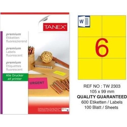 Tanex Laser Etiket 105x99 Mm Sarı 100 Ad.Tw-2303