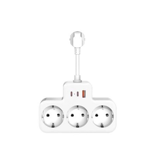 S-link PRZ07 Beyaz 3 Soketli 15mm 1 Usb 2 Type-C PD20W 1050 Joule Bakır Kablolu Akım Korumalı Priz