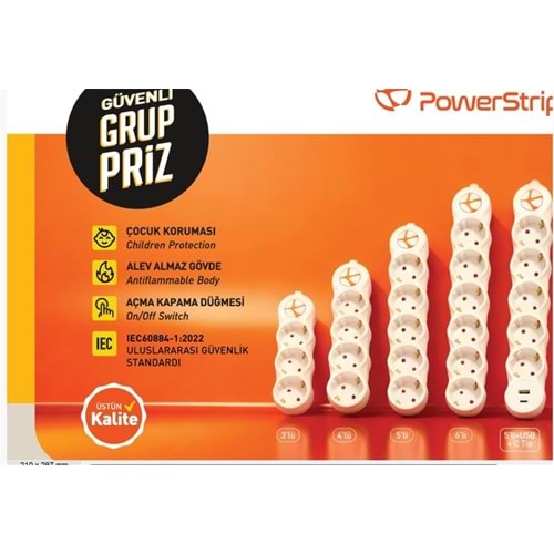 TUNCMATIK POWERSTRIP5 5 li 5m IEC 66884-1:2022 Standartı, FR(Alev Almaz)anahtarlı grup priz