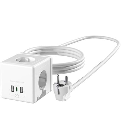 S-link PRZ04 4 Soketli 2 USB 1 Type-C PD20 2M 306 Joule Tam Bakır Küp Beyaz Akım Korumalı Priz