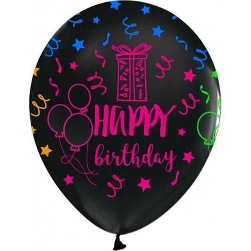 Balonevi Çepeçevre Floresan Happy Birthday Siyah Balon 100 Lü