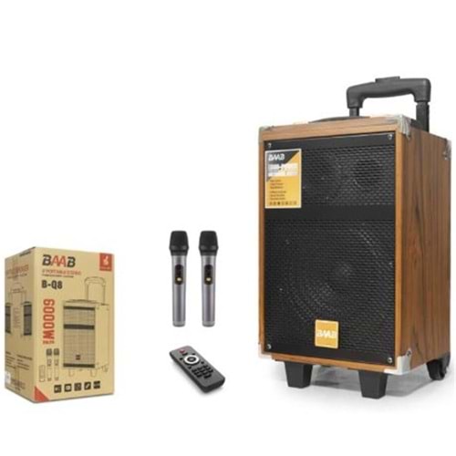 BAAB BQ8 Çift Karaoke Mikrofonlu Bluetooth Hoparlör FM Radyo 40W 8 İnç Kumandalı Ahşap