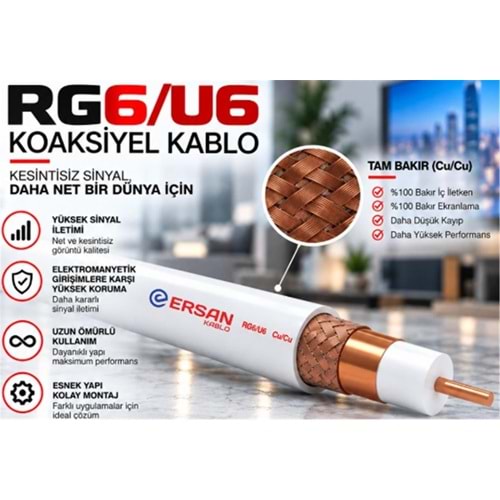 Ersan RG 6-U6 Cu - Cu Class B PVC 500 Metre Beyaz Uydu Kablosu