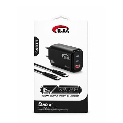 Elba ELB65 65W Siyah Ev Şarj Kafa + Type- C To Type-C Kablo ( GANFAST Teknoloji )Şarj Aleti