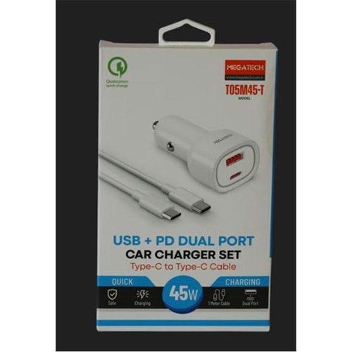 Megatech T05M45-T Beyaz 45W PD-USB Araç Çakmaklık Şarj Başlığı Hızlı Şarj(TYPE-C TO TYPE-C KABLO)