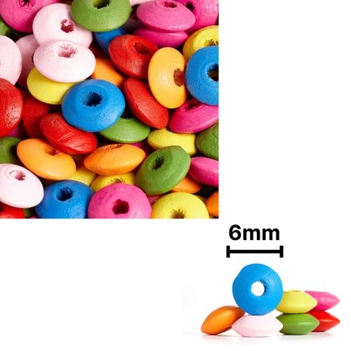 Ahşap Boncuk Renkli 6Mm Yassı B3457
