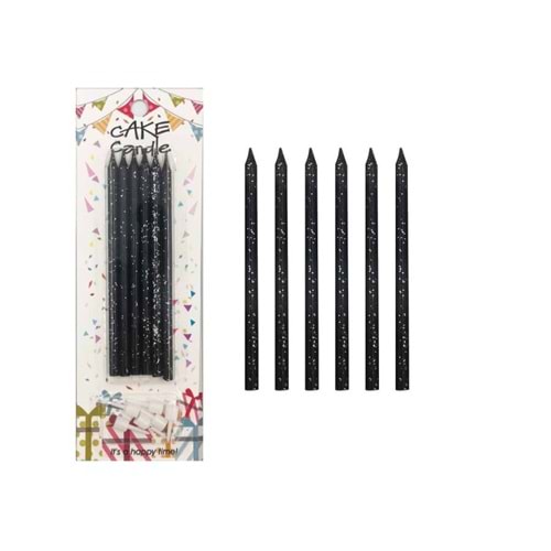 Mum İnce 14cm Siyah Parıltılıı 6 Lı