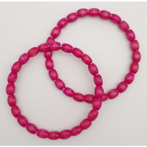 Çanta Aksesuar 12 cm Oval Ahşap Boncuklu Bilezik Model Fuşya Renk Çift Sap